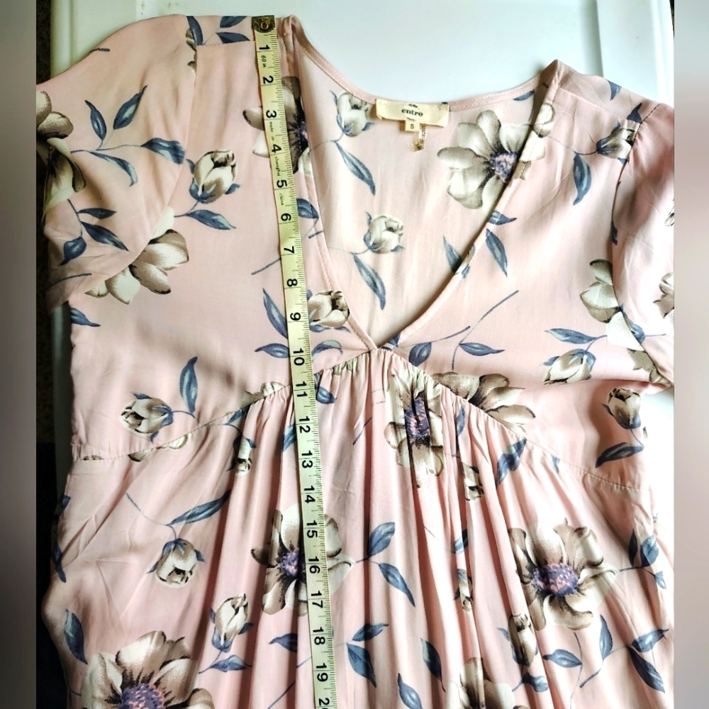 Entro floral Tunic Sundress Ruffles V-neck Rayon Pink oversized S. - Picture 4 of 16